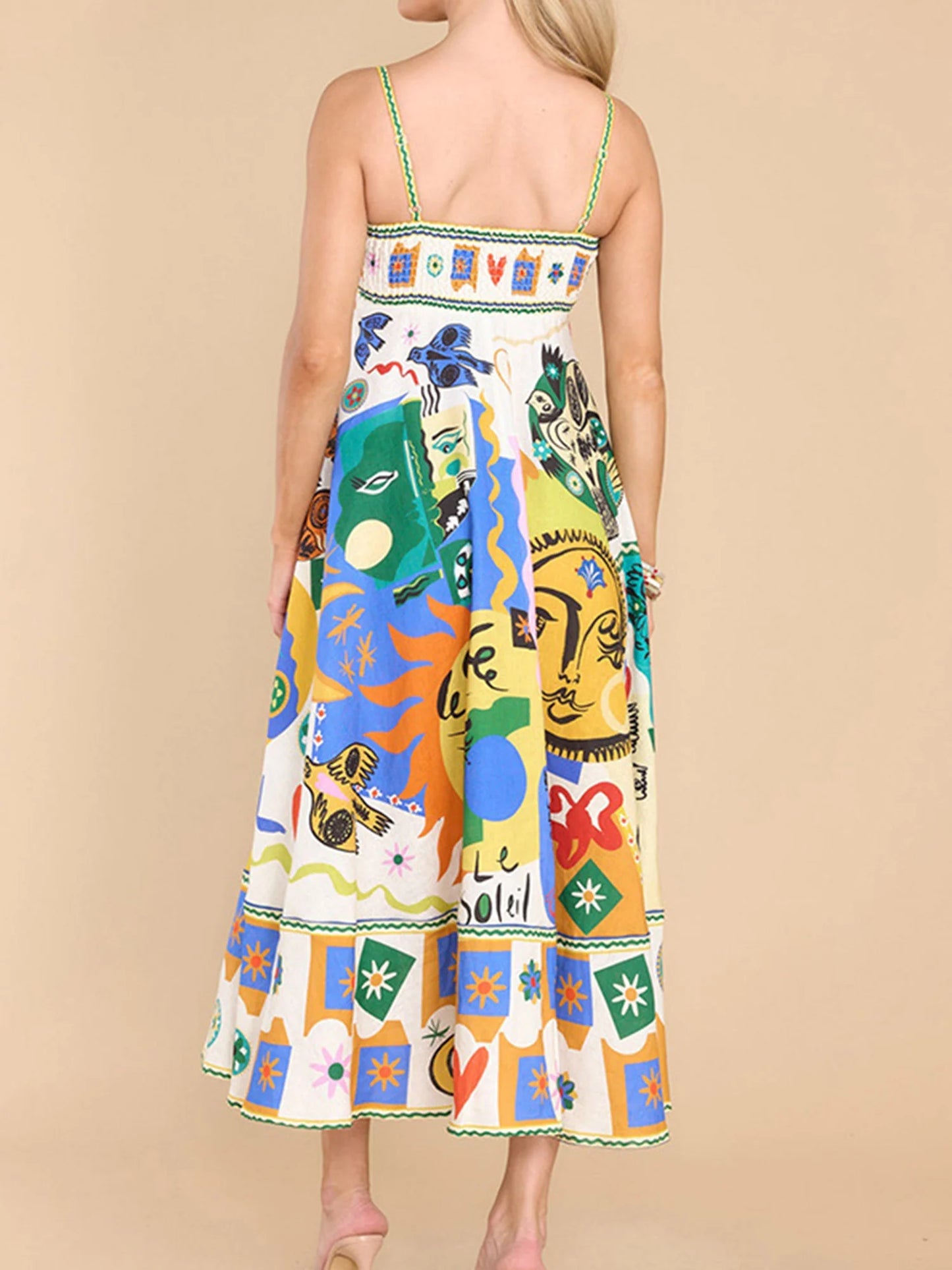 Women Boho Graffiti Cami Long Dress Graphic Spaghetti Strap Flowy Maxi Dress Square Neck Colorful a Line Sundress