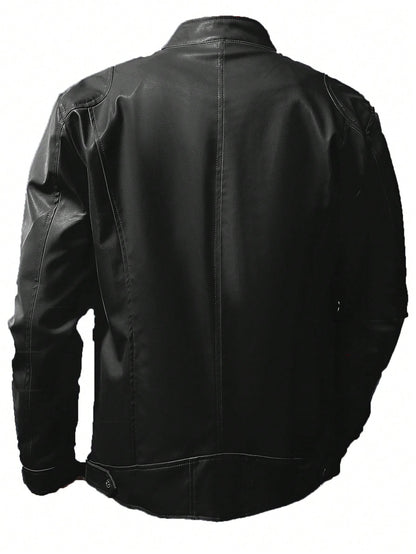 Men'S Stand Collar Fitted Faux Leather Jacket with Zipper Pockets, Motorcycle Style