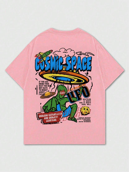 ROMWE MEN Street Life Men Cartoon & Slogan Graphic Drop Shoulder Tee, School