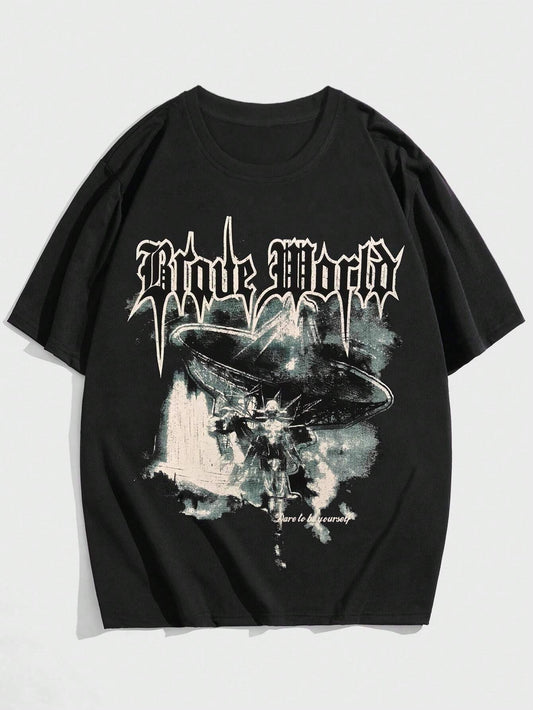 ROMWE MEN Grunge Punk Men Letter Graphic Tee, School