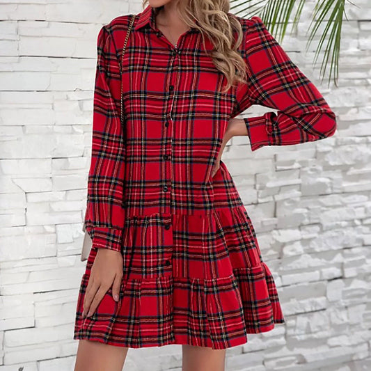 Shirt Dress for Women,Ladies Fashion Plaid Single Breasted Pocket Long Sleeve Shirt Jacket Dress