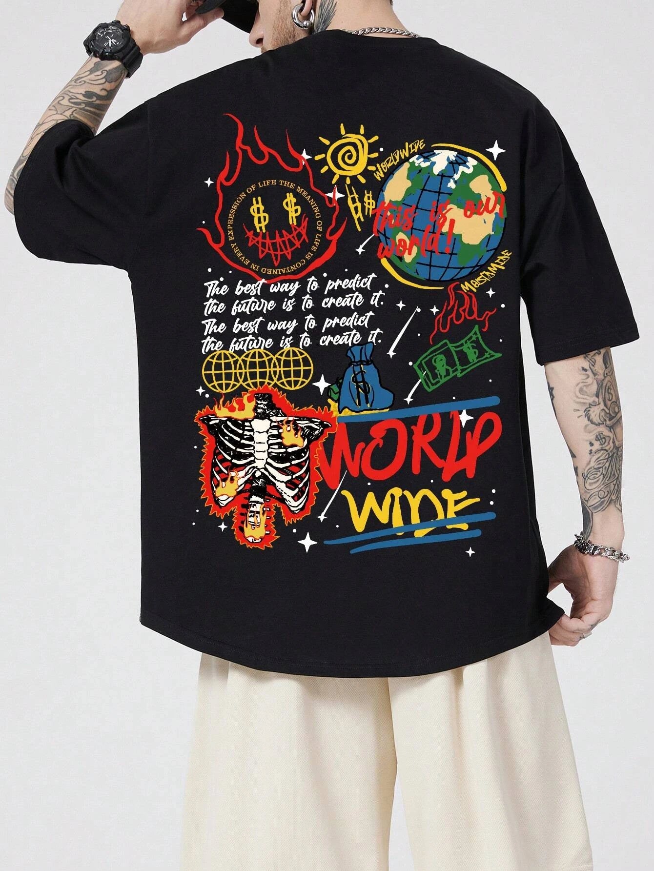 ROMWE MEN Street Life Men Slogan Skeleton Graphic Y2K T-Shirt for Halloween, School