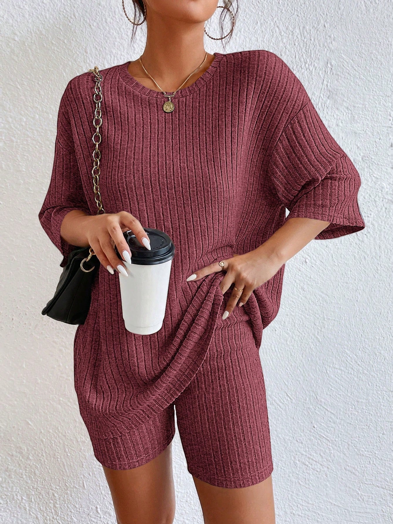 Essnce Drop Shoulder Ribbed Knit Tee & Biker Shorts
