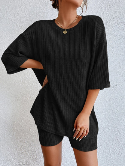 Essnce Drop Shoulder Ribbed Knit Tee & Biker Shorts