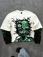 Manfinity EMRG Men'S Street INS Green Big-Eyed Monster Oversized Pattern Design round Neck Black and White Color Block Sweatshirt. Fall and Winter Green Graphic Rapper Sweatshirt Going Out Street Wear Crew Neck Graphic Long Sleeve Sweatshirt, for Friends, Husband, Boyfriend Gifts