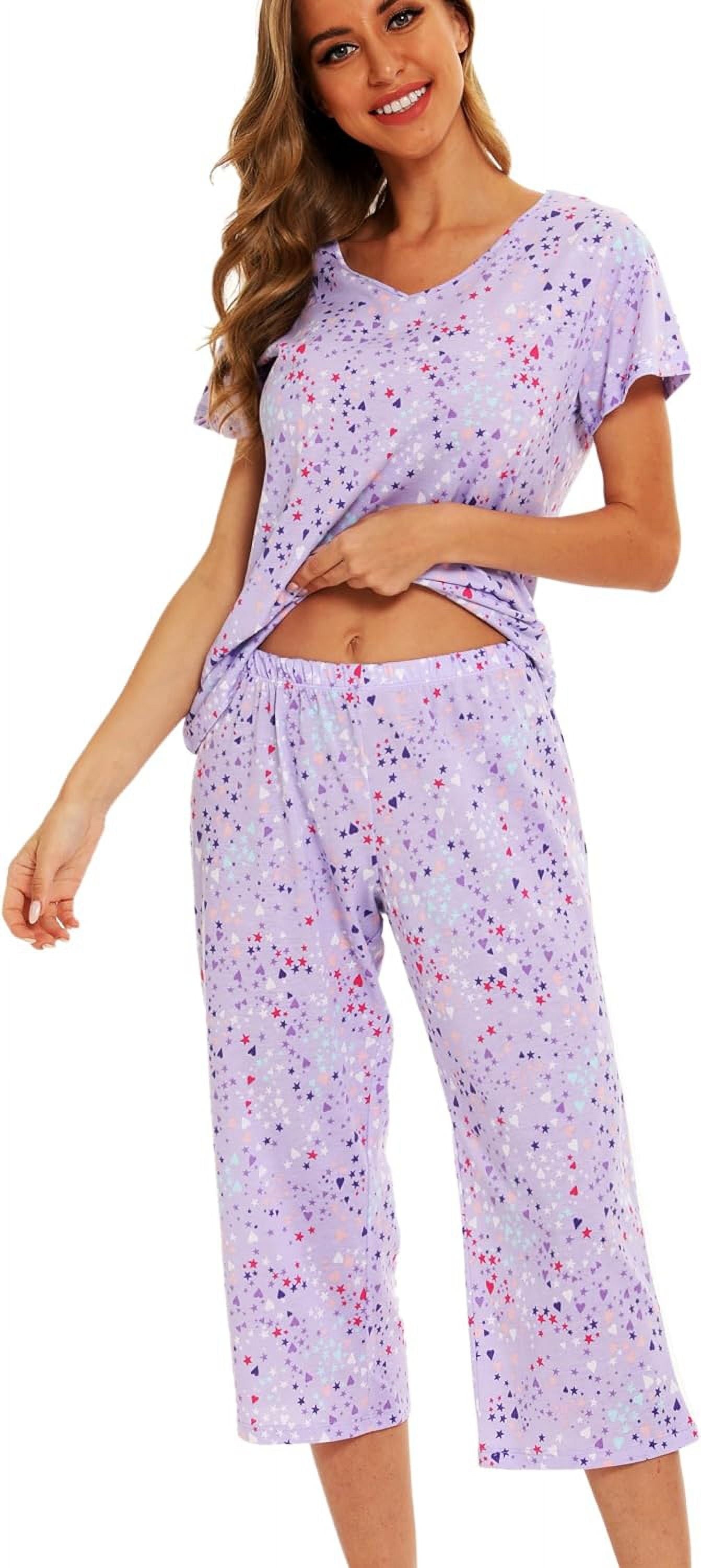 Womens Pajama Sets Cotton Pj Set Short Sleeve Tops with Capri Pants Sleepwear 2 Piece Lounge Set