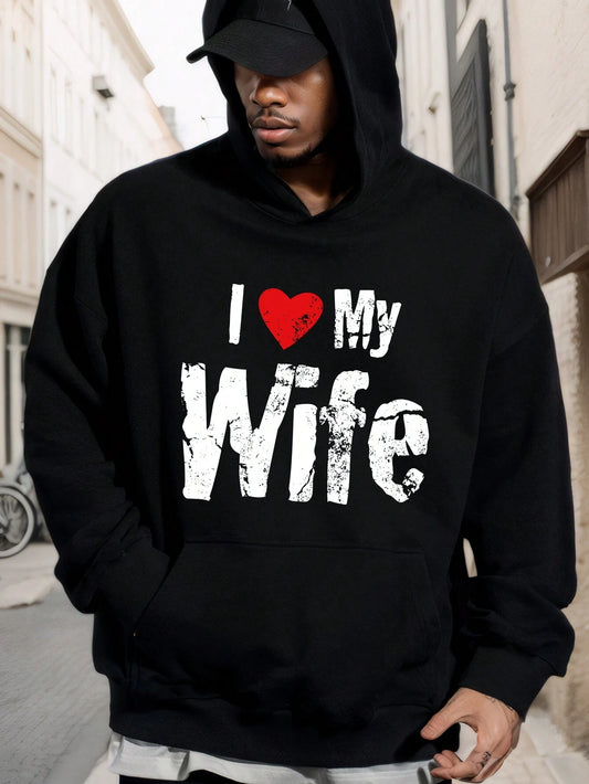 Boyfriend Style Men Heart & Slogan Graphic Hoodies I Love My Girlfriend, Thermal Lined Thick for Warmth