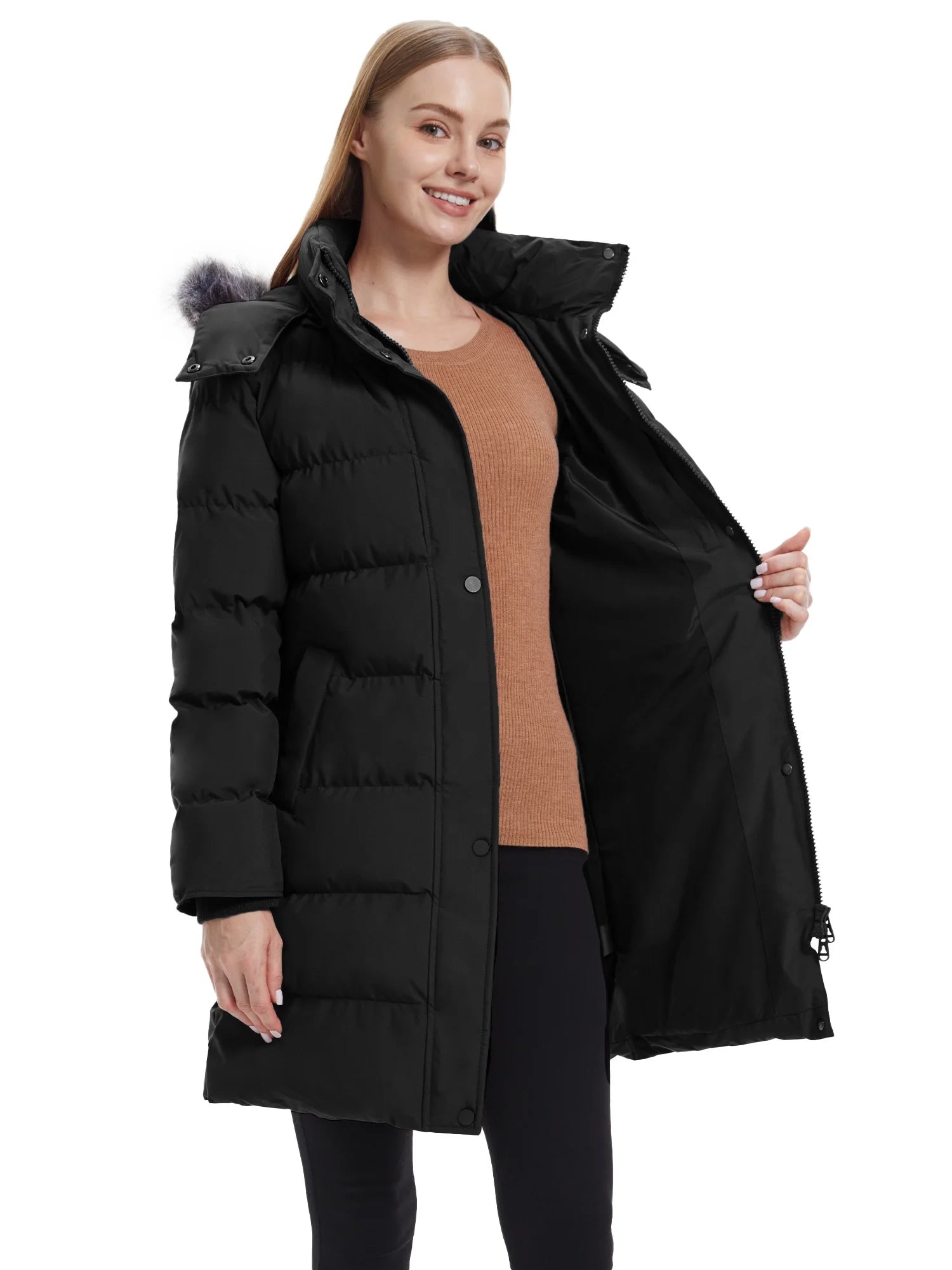 Women'S Recycled Thicken Winter Coat Waterproof Winter Jacket Long Winter Snow Jacket Black L