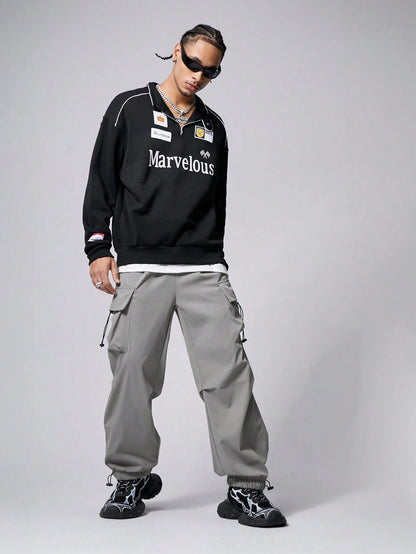 Manfinity EMRG Men Solid Flap Pocket Drawstring Waist Oversized Cargo Baggy Pants