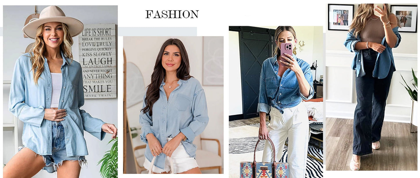 Denim Shirts for Women Button down Blouses Long Sleeve Casual Tops Fall Outfits