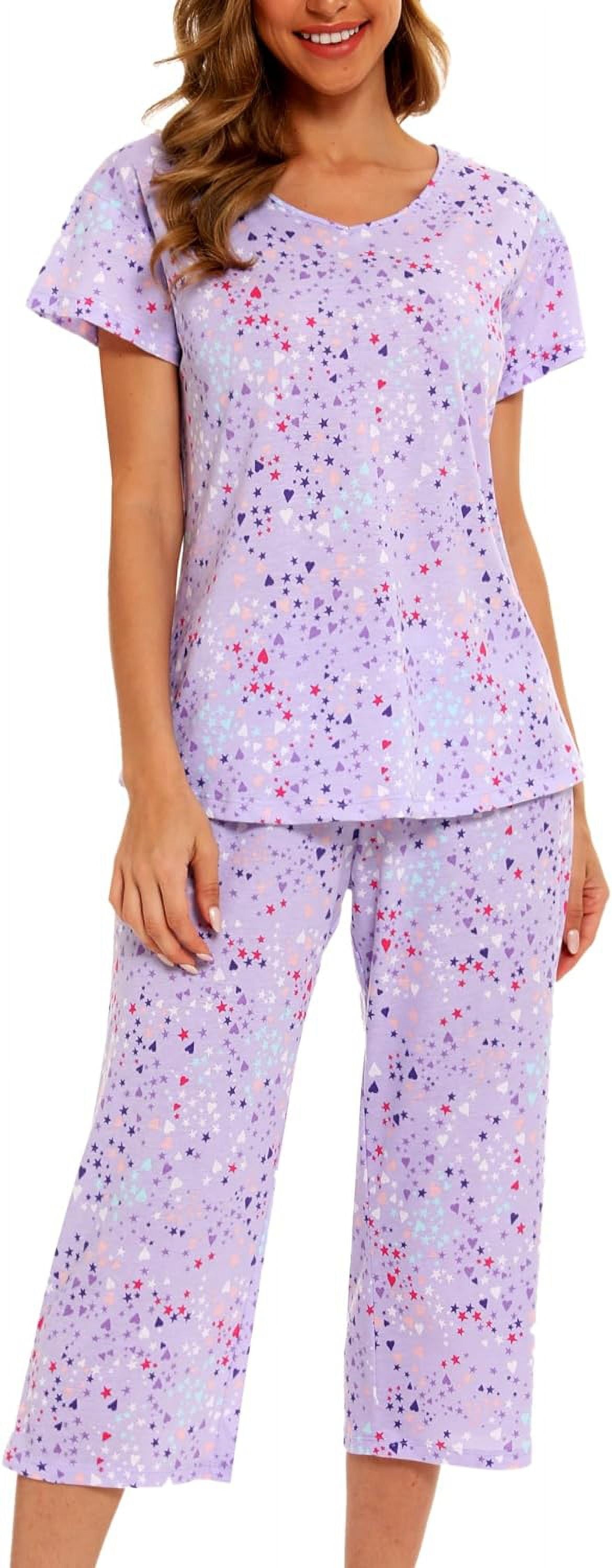 Womens Pajama Sets Cotton Pj Set Short Sleeve Tops with Capri Pants Sleepwear 2 Piece Lounge Set