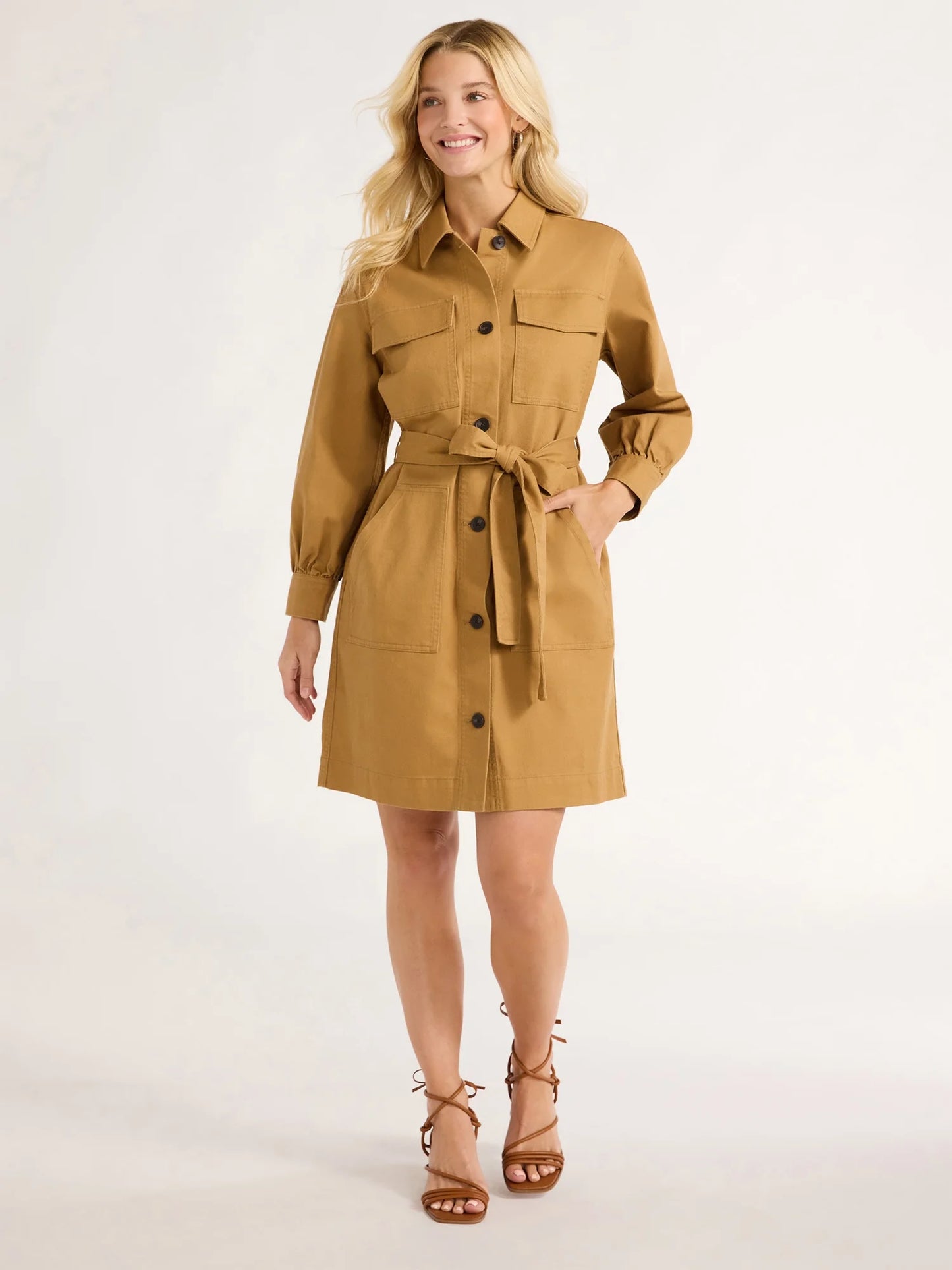 Women'S Belted Utility Mini Dress with Long Sleeves, Sizes XS-XXL