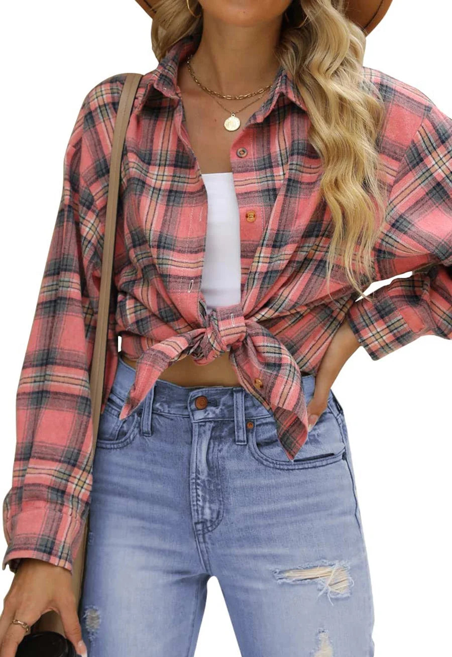 Plaid Flannel Shirts for Women Oversized Long Sleeve Button down Shirts Blouses Tops