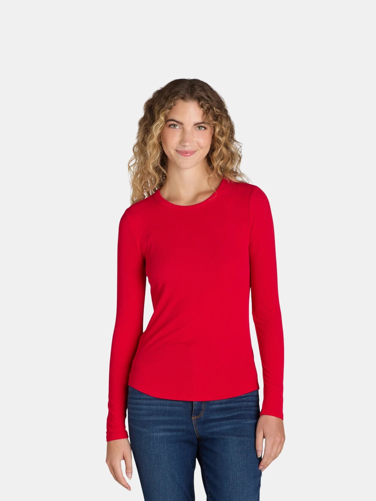 Ribbed Crewneck Tee with Long Sleeves, Women'S and Women'S Plus