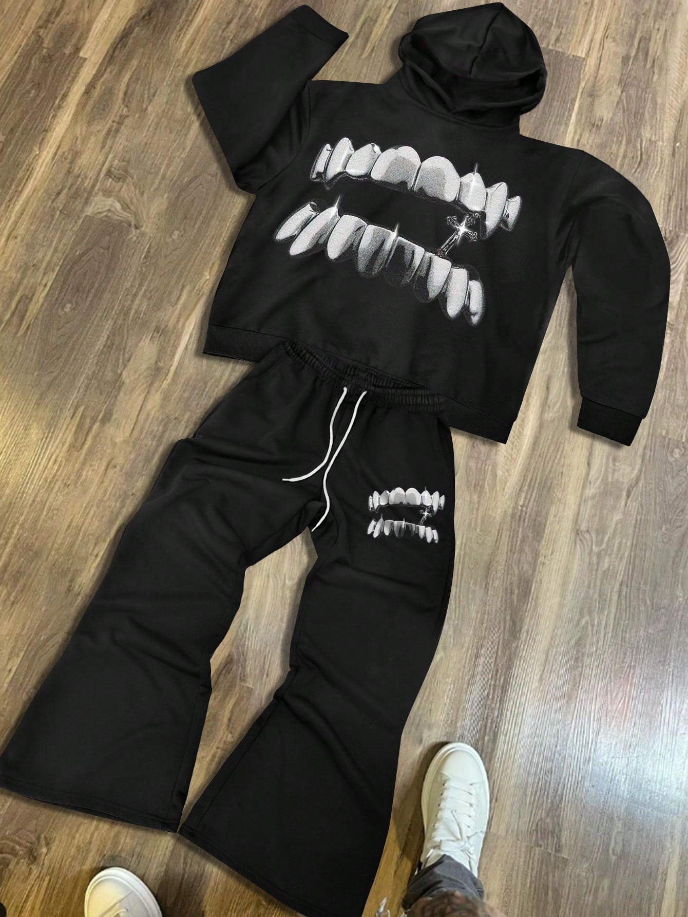 Manfinity EMRG Men'S Casual Teeth Print Hoodie Sweatshirt & Sweatpants Set, Spring & Autumn