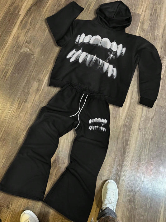 Manfinity EMRG Men'S Casual Teeth Print Hoodie Sweatshirt & Sweatpants Set, Spring & Autumn