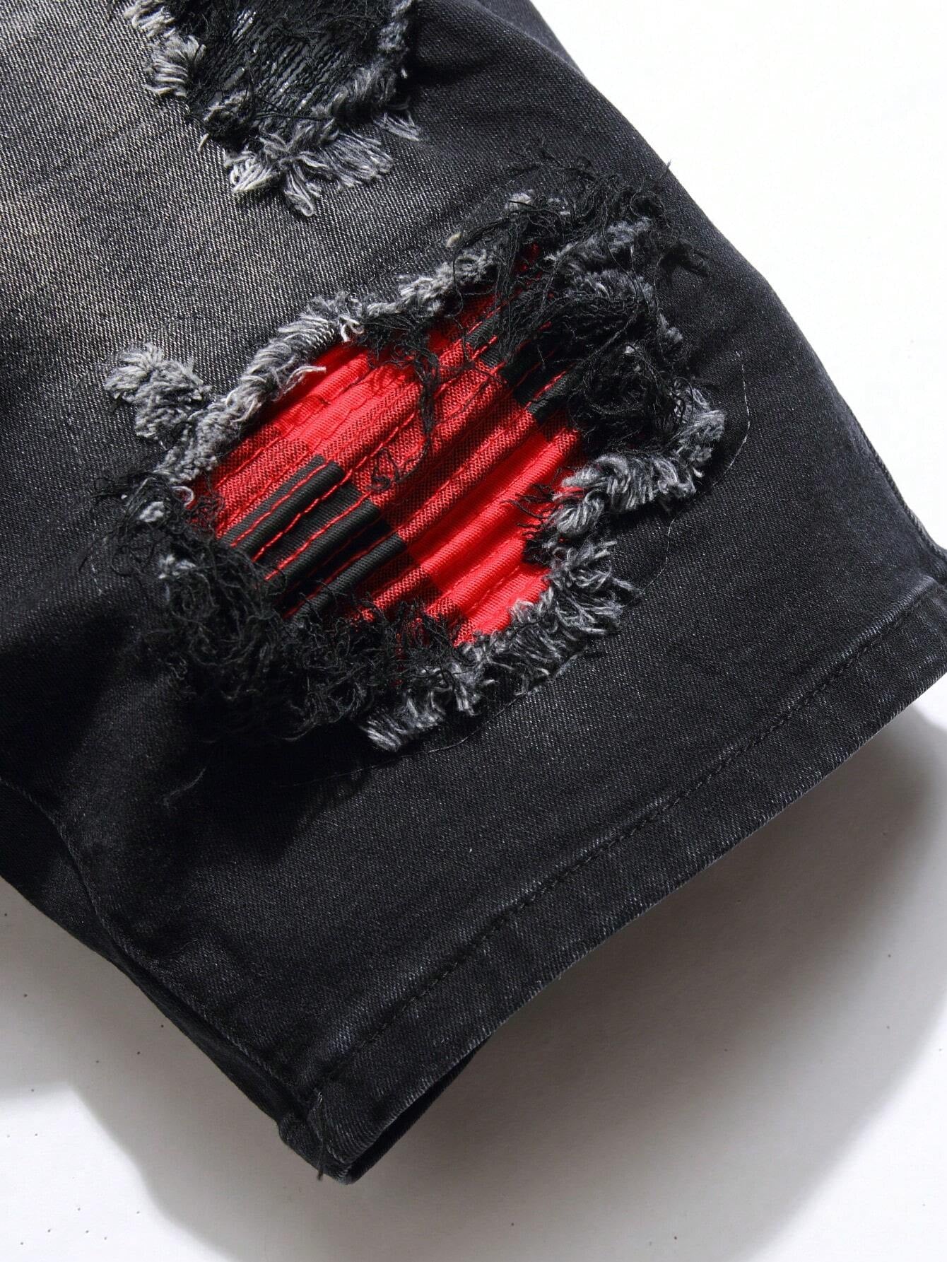Manfinity EMRG Men'S Washed Ripped Denim Shorts Plain Denim Jorts Black Denim Shorts, for Husband, Boyfriend Gifts