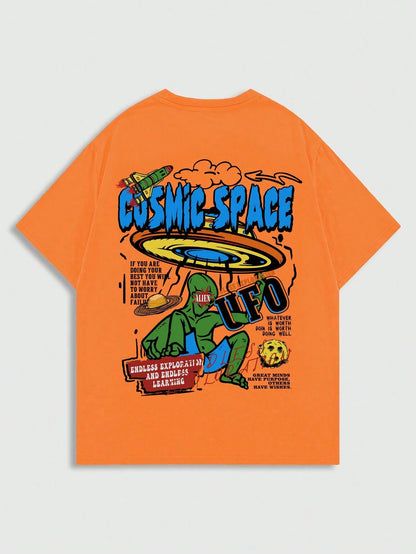 ROMWE MEN Street Life Men Cartoon & Slogan Graphic Drop Shoulder Tee, School