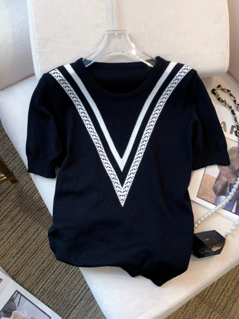 2024 New Summer Color Block Crew Neck Knitted Sweater Crop Top Casual Short Sleeve Top for Spring & Summer Women'S Clothing