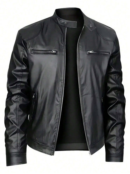 Men'S Stand Collar Fitted Faux Leather Jacket with Zipper Pockets, Motorcycle Style
