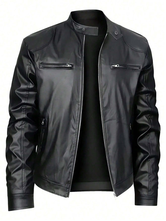 Men'S Stand Collar Fitted Faux Leather Jacket with Zipper Pockets, Motorcycle Style