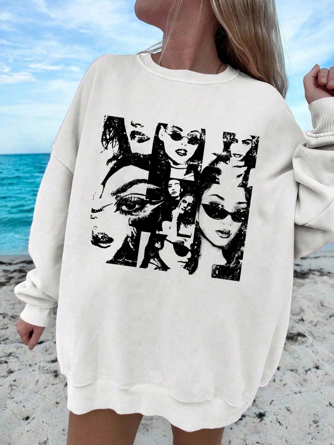 Ezwear Oversized Casual Street Figure Print Crew Neck Dropped Shoulder Long Sleeve Sweatshirt for Women, Autumn/Winter