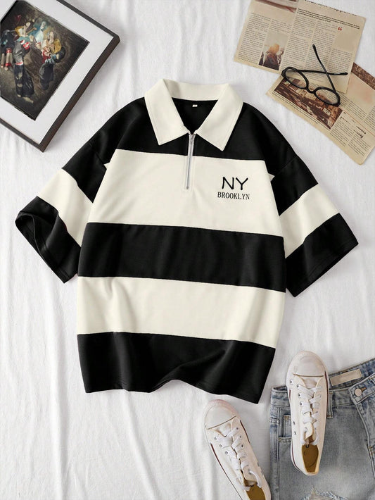 INAWLY Letter Graphic Colorblock Half Zip Tee Graphic Tees Women Tops