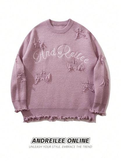 Unisex Street Fashion Letter Embroidered Star Distressed Tassel Hem Long Sleeve Knitted Sweater, Casual Loose Pullover