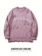 Unisex Street Fashion Letter Embroidered Star Distressed Tassel Hem Long Sleeve Knitted Sweater, Casual Loose Pullover