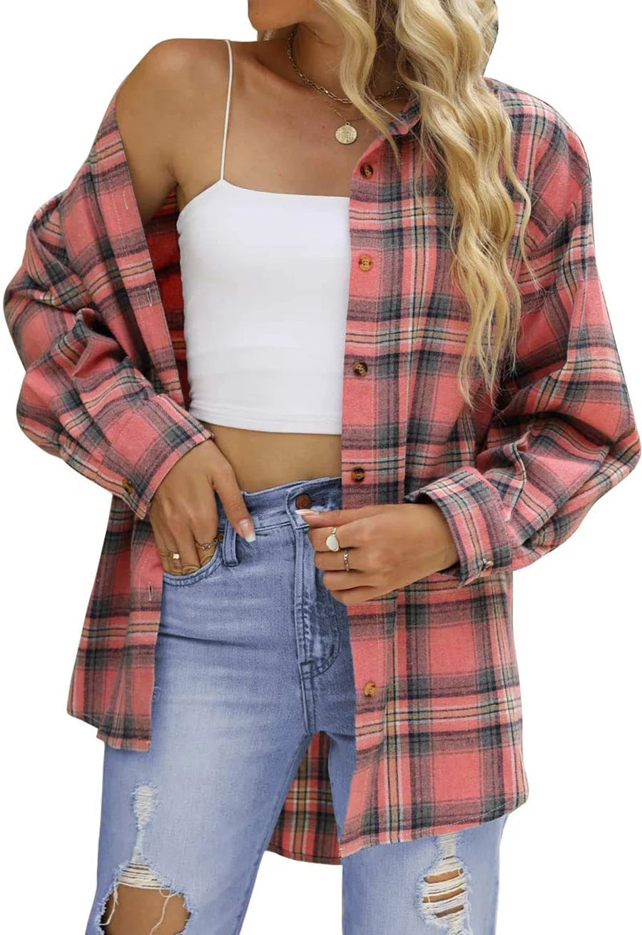 Plaid Flannel Shirts for Women Oversized Long Sleeve Button down Shirts Blouses Tops