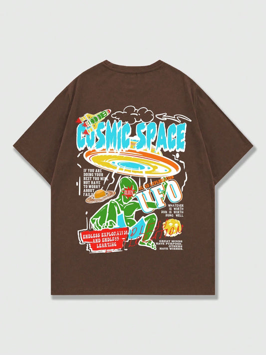 ROMWE MEN Street Life Men Cartoon & Slogan Graphic Drop Shoulder Tee, School