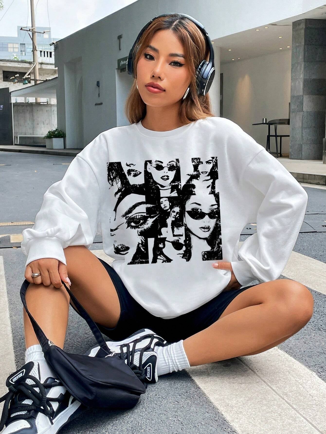 Ezwear Oversized Casual Street Figure Print Crew Neck Dropped Shoulder Long Sleeve Sweatshirt for Women, Autumn/Winter