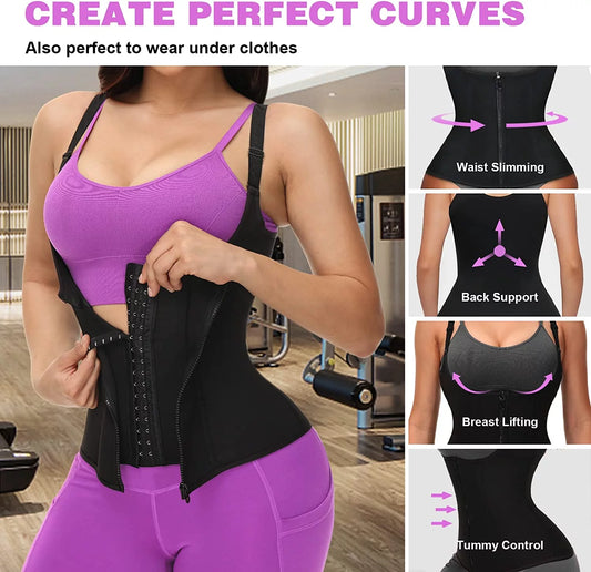 Corset Waist Trainer Vest for Women Weight Loss ,Tummy Control Sport Workout Body Shaper Black with Zipper & Straps for Men,Black,2Xl