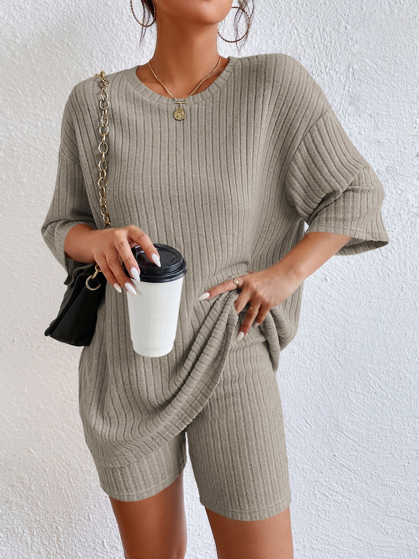 Essnce Drop Shoulder Ribbed Knit Tee & Biker Shorts