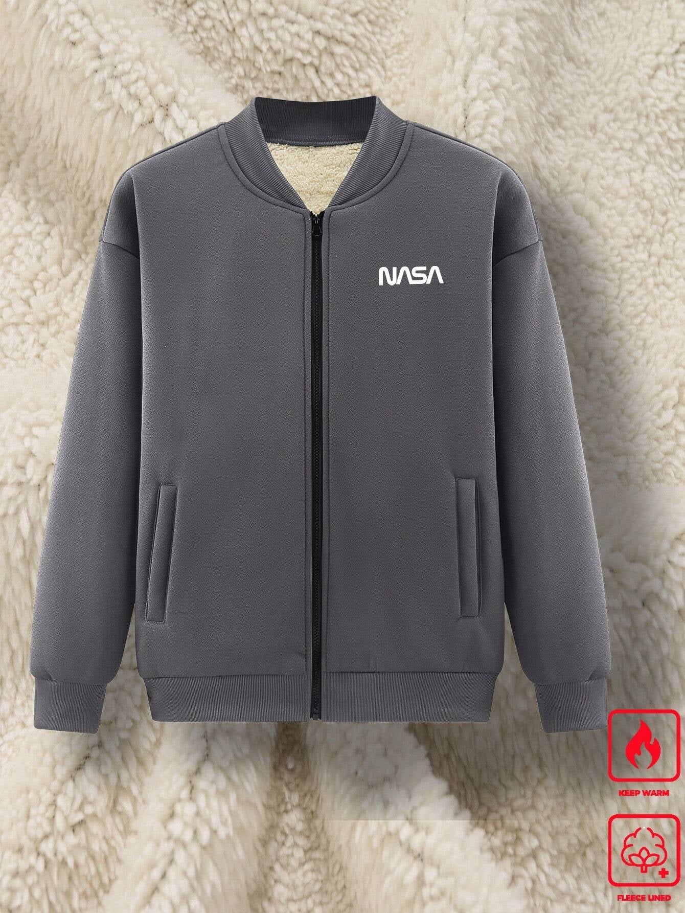 Manfinity Homme Men Loose Letter Graphic Thermal Lined Bomber Jacket Men'S Fleeceboy Jackets Autumn Winterplush Jacket