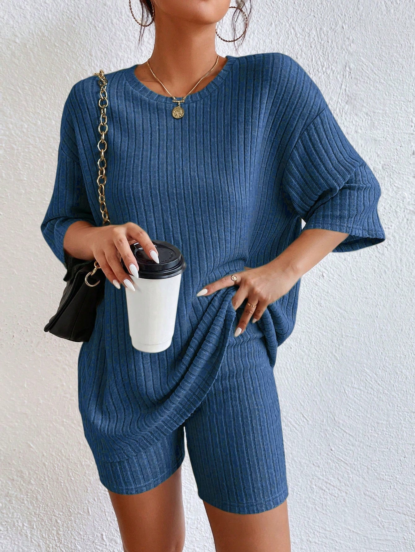 Essnce Drop Shoulder Ribbed Knit Tee & Biker Shorts