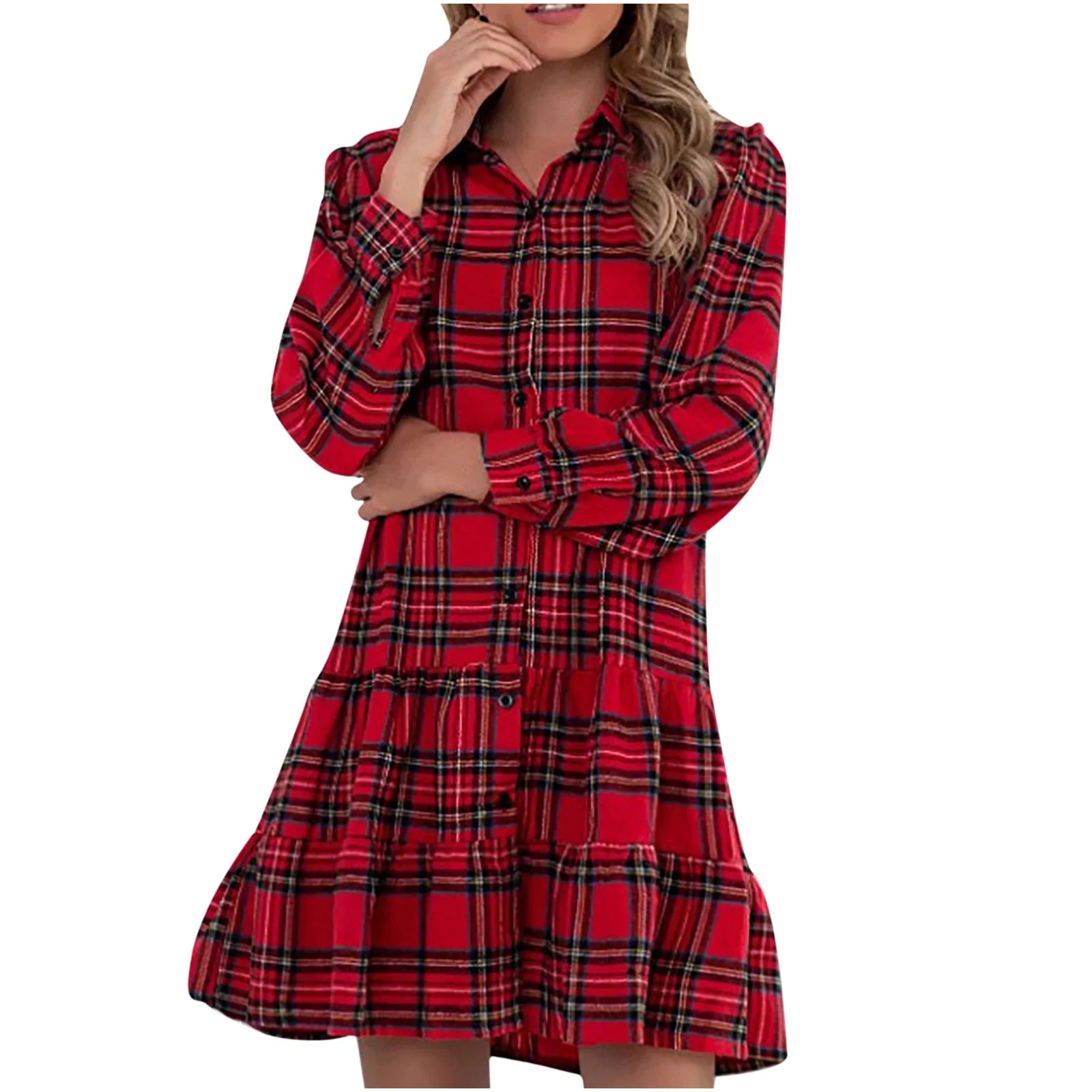 Shirt Dress for Women,Ladies Fashion Plaid Single Breasted Pocket Long Sleeve Shirt Jacket Dress