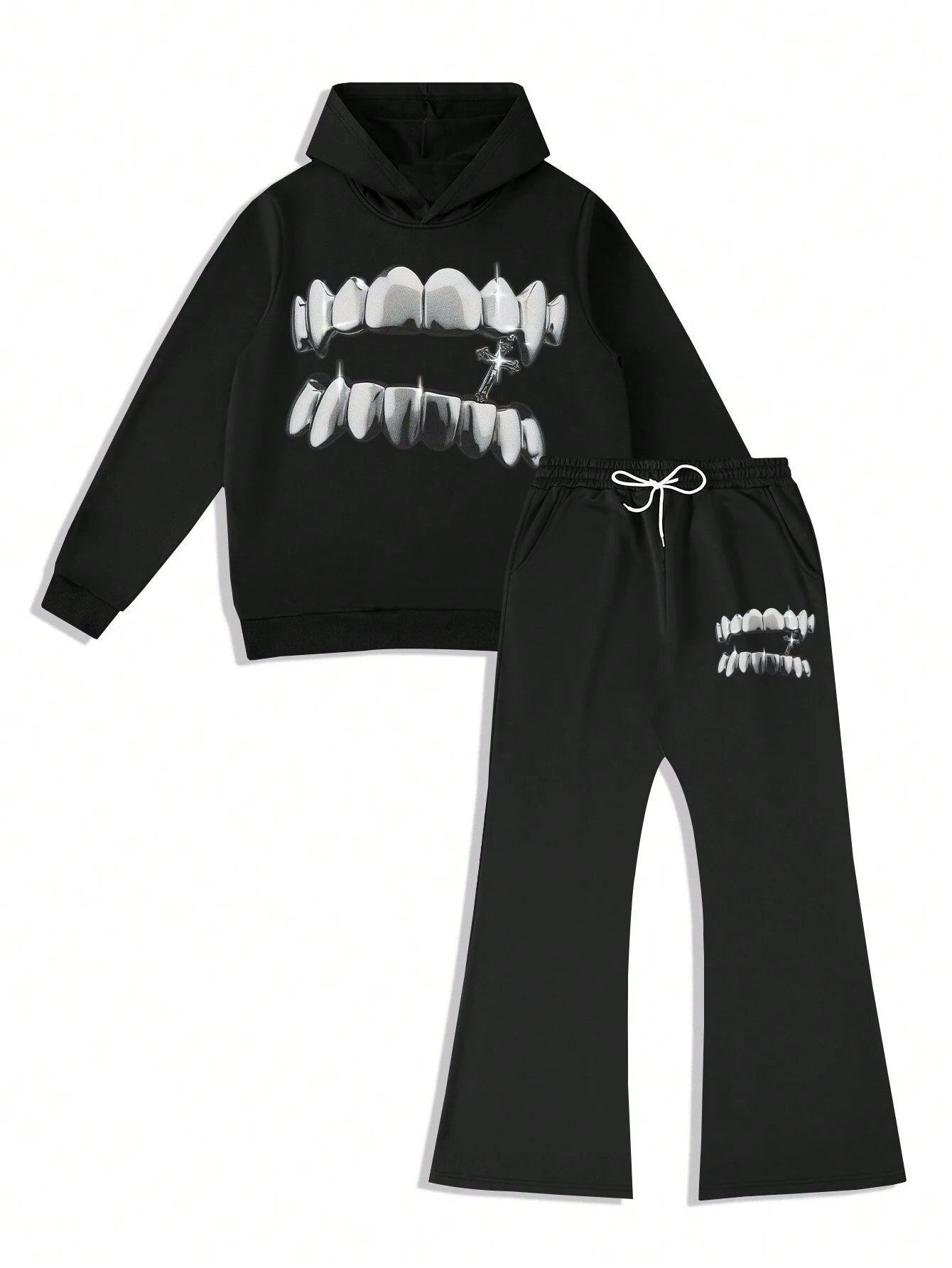 Manfinity EMRG Men'S Casual Teeth Print Hoodie Sweatshirt & Sweatpants Set, Spring & Autumn