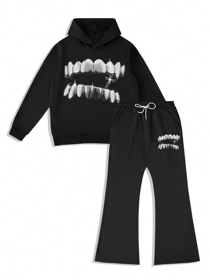 Manfinity EMRG Men'S Casual Teeth Print Hoodie Sweatshirt & Sweatpants Set, Spring & Autumn