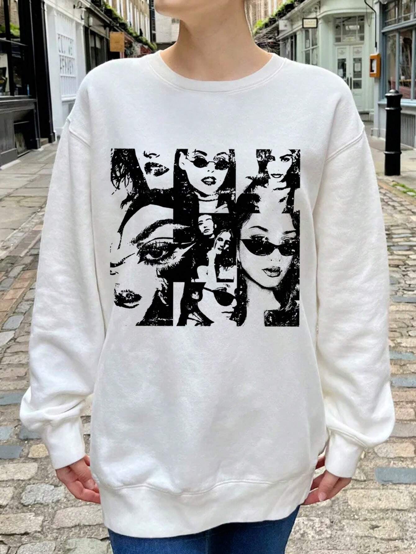 Ezwear Oversized Casual Street Figure Print Crew Neck Dropped Shoulder Long Sleeve Sweatshirt for Women, Autumn/Winter
