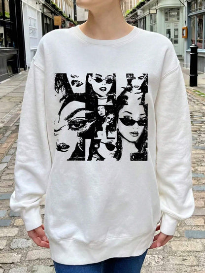 Ezwear Oversized Casual Street Figure Print Crew Neck Dropped Shoulder Long Sleeve Sweatshirt for Women, Autumn/Winter