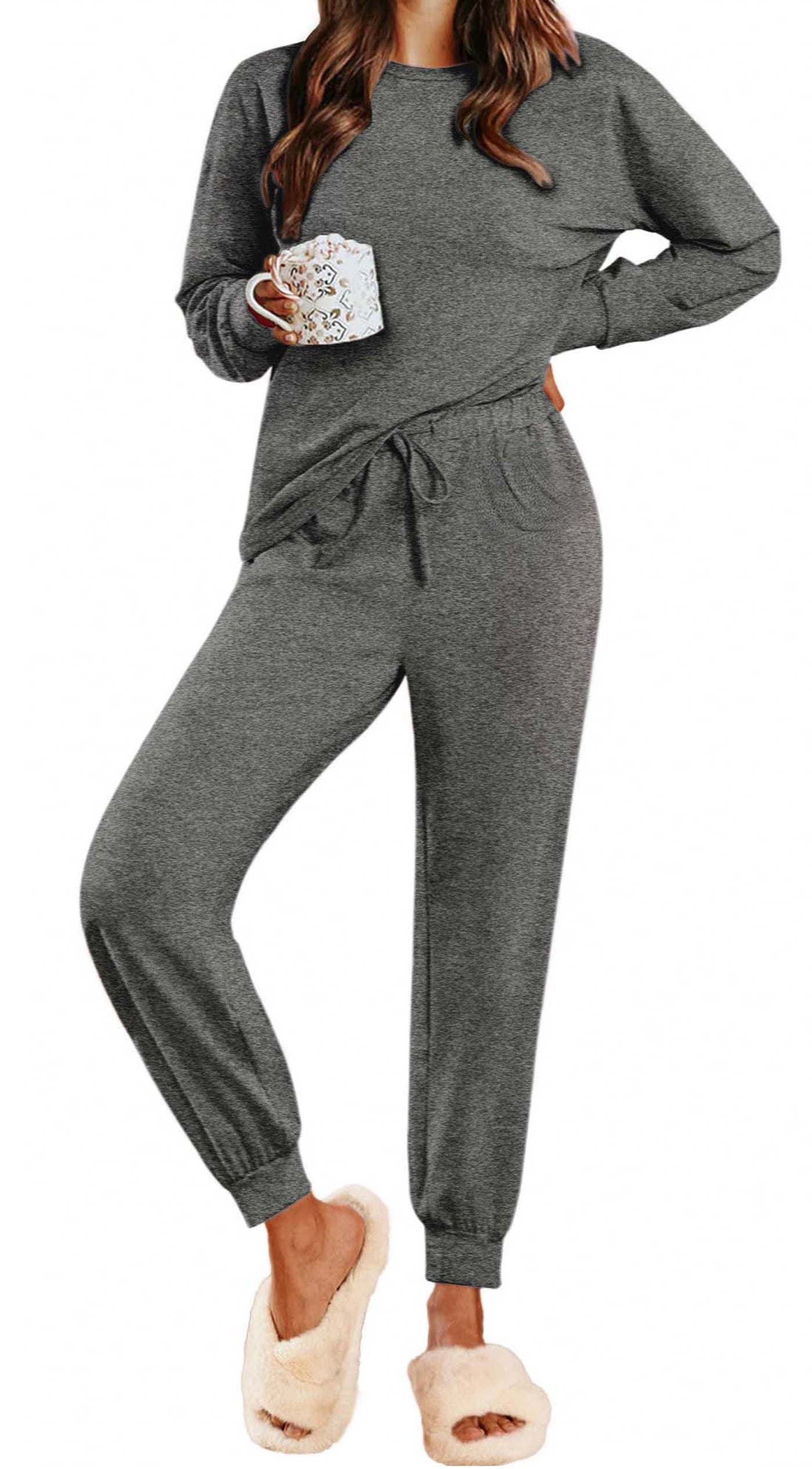 Womens Pajamas Sets Long Sleeve Top and Pant with Pockets Lounge Wear Set Oufits