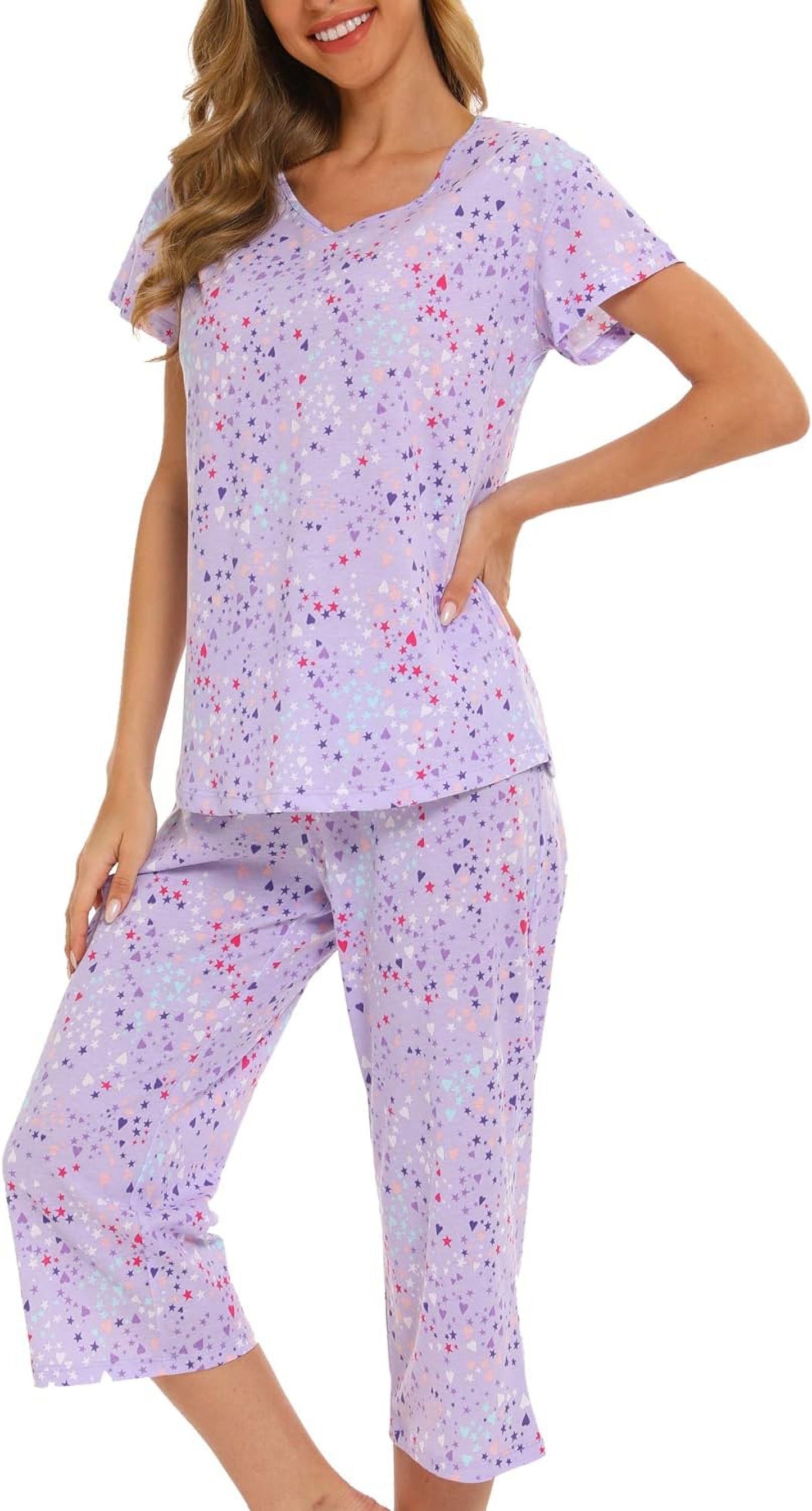 Womens Pajama Sets Cotton Pj Set Short Sleeve Tops with Capri Pants Sleepwear 2 Piece Lounge Set