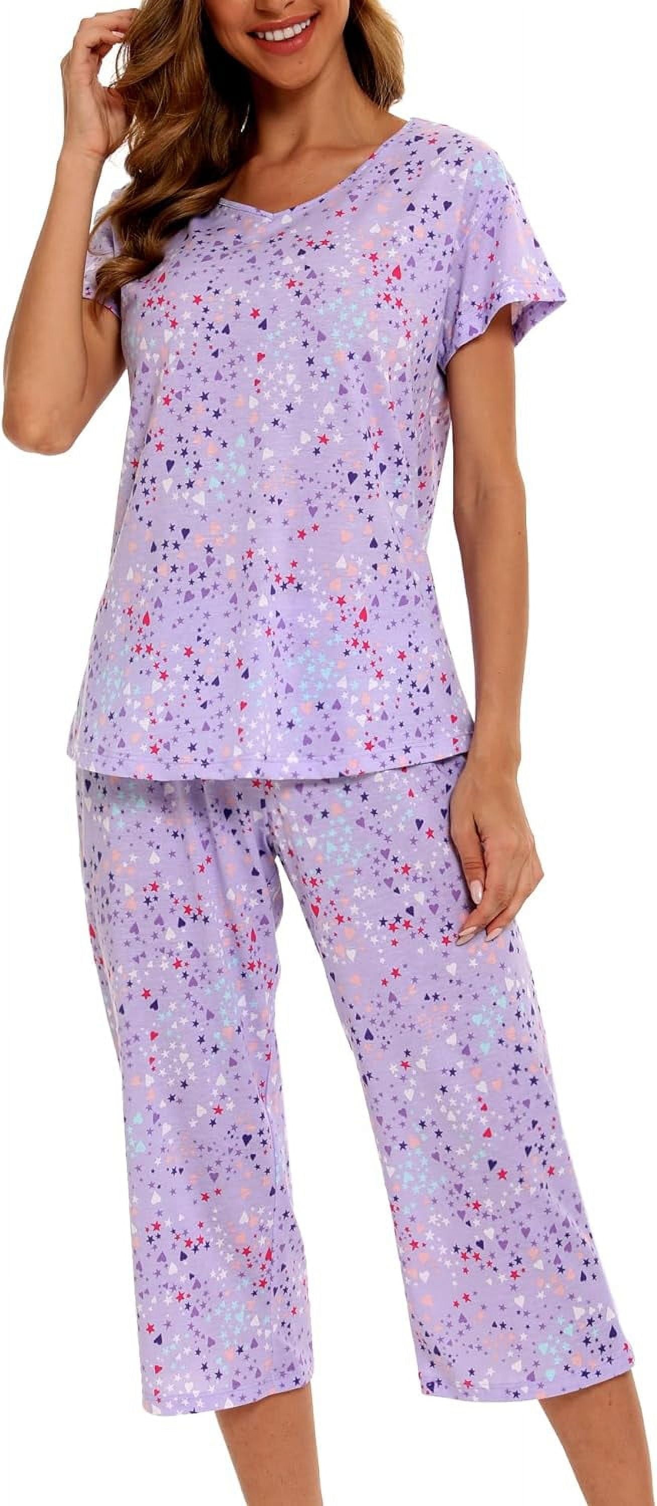 Womens Pajama Sets Cotton Pj Set Short Sleeve Tops with Capri Pants Sleepwear 2 Piece Lounge Set