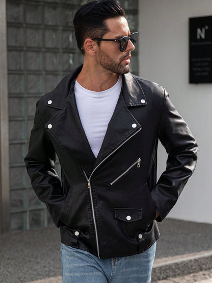 Manfinity LEGND Men Zip up PU Leather Moto Jacket,Halloween Going Out Bomber Goth Black Long Sleeve Jacket, for Friends, Husband, Boyfriend Gifts