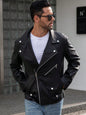 Manfinity LEGND Men Zip up PU Leather Moto Jacket,Halloween Going Out Bomber Goth Black Long Sleeve Jacket, for Friends, Husband, Boyfriend Gifts