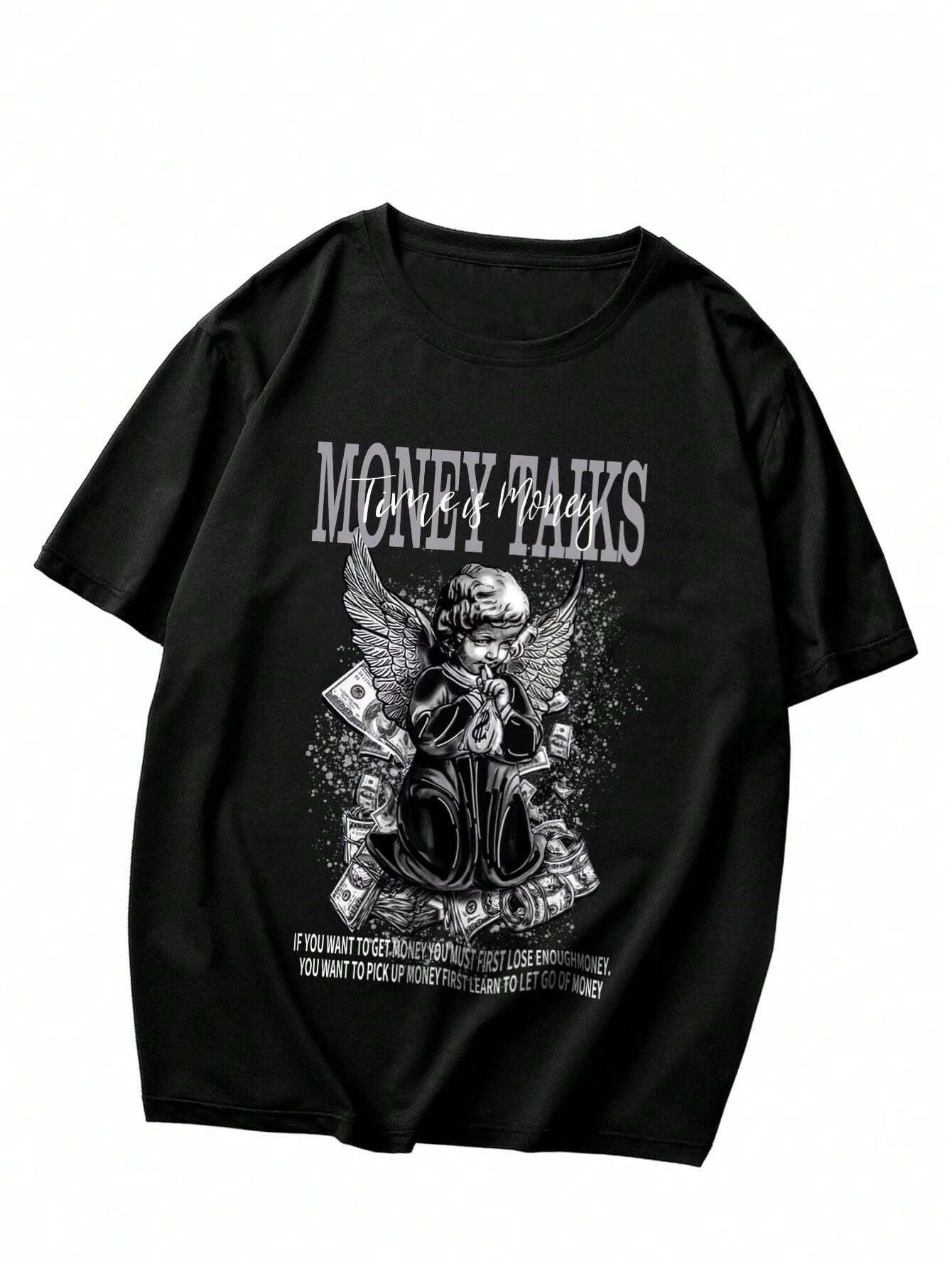 ROMWE MEN Street Life Men Slogan & Figure Graphic Drop Shoulder Tee, School