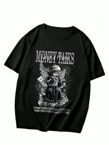 ROMWE MEN Street Life Men Slogan & Figure Graphic Drop Shoulder Tee, School
