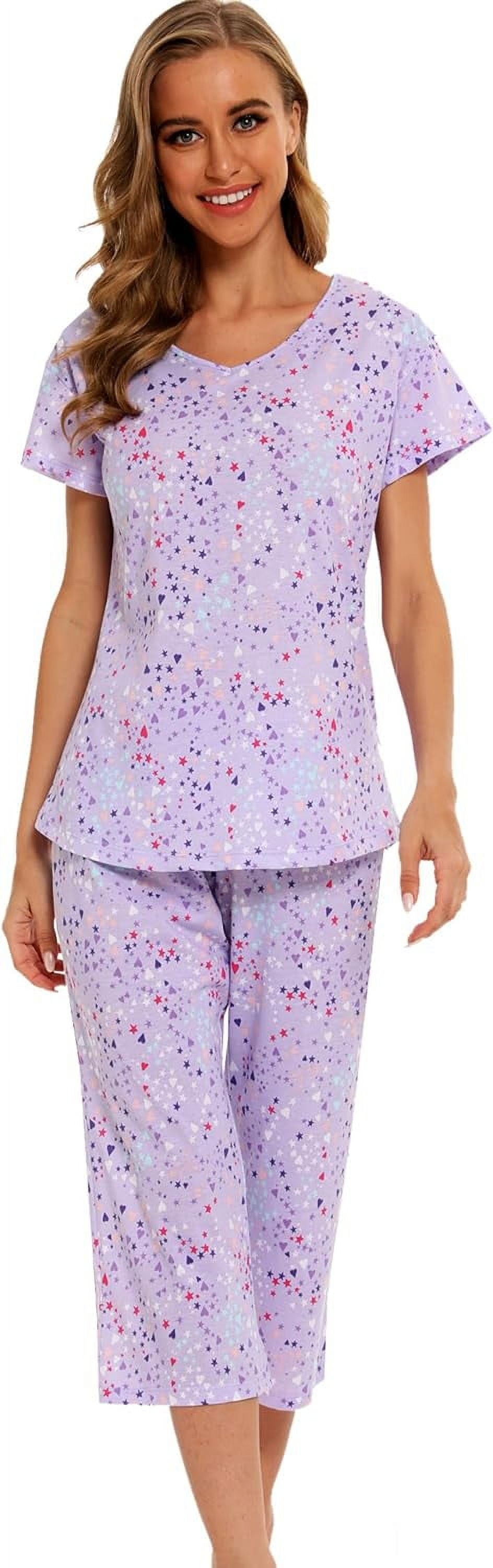 Womens Pajama Sets Cotton Pj Set Short Sleeve Tops with Capri Pants Sleepwear 2 Piece Lounge Set