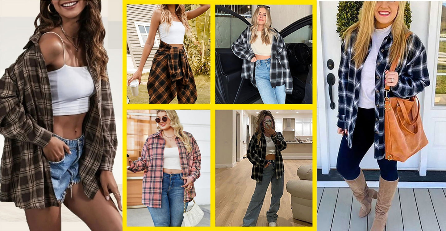 Plaid Flannel Shirts for Women Oversized Long Sleeve Button down Shirts Blouses Tops